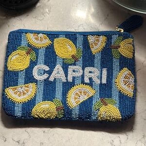Anthropologie Blue Beaded Capri Pouch with Lemon Design